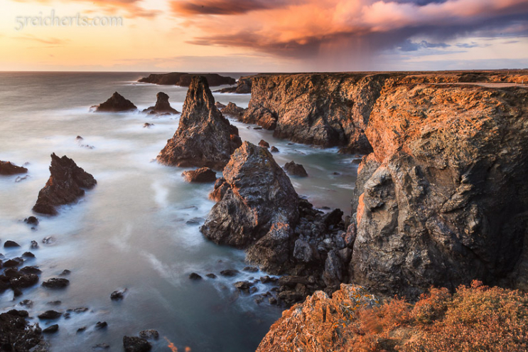 Aiguilles, Belle Ile, Abends im Regenwetter