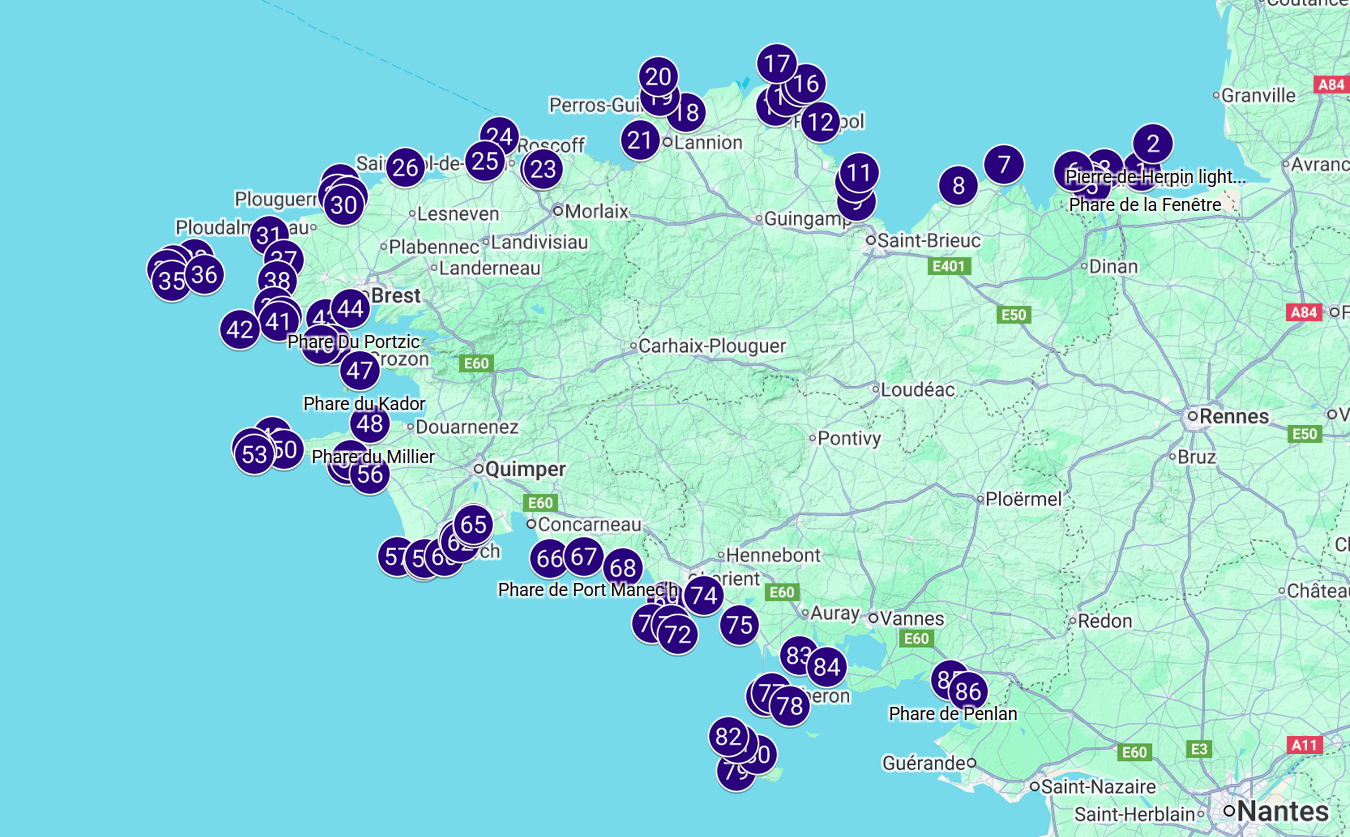 Landkarte der Leuchttürme der Bretagne